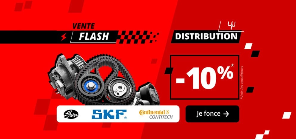 Bannière Vente Flash Distribution. Offre jusqu’à -10 % sur une sélection de kits de distribution. Visuel présentant des pièces de distribution des marques Gates, SKF et Continental ContiTech. Promotion valable 4 jours. Bouton « Je fonce ».