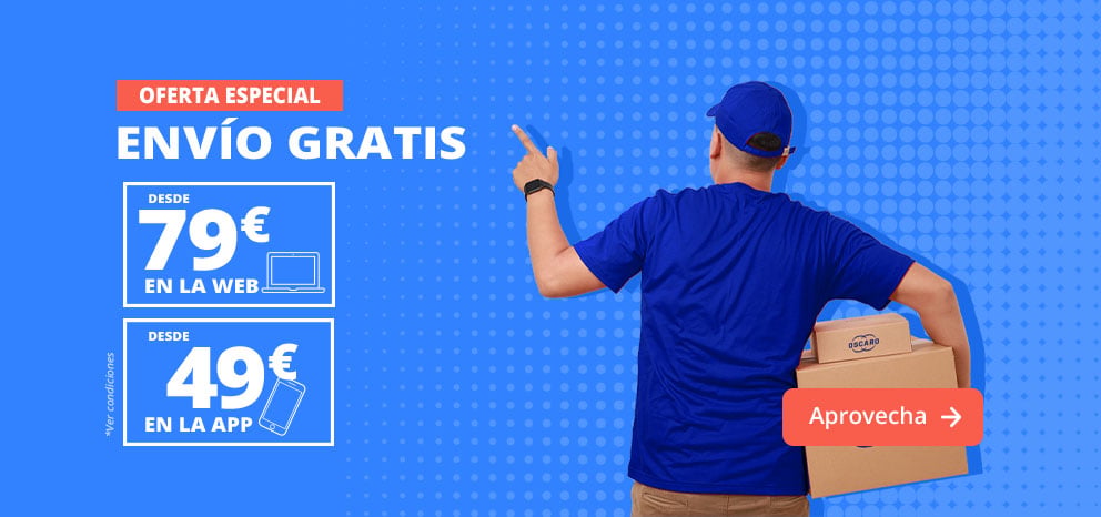 Banner de oferta especial de envío gratis. Envío gratuito desde 49 € en la app y desde 79 € en la web. Imagen de un repartidor con un paquete sobre fondo azul. Botón de llamada a la acción «Aprovecha».