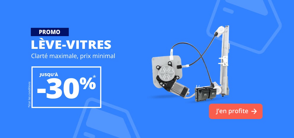Bannière promotionnelle Lève-vitres. Offre jusqu'à -30% sur une sélection de mécanismes de lève-vitres. Visuel présentant un mécanisme électrique de lève-vitre sur fond bleu. Bouton d’appel à l’action « J’en profite ».