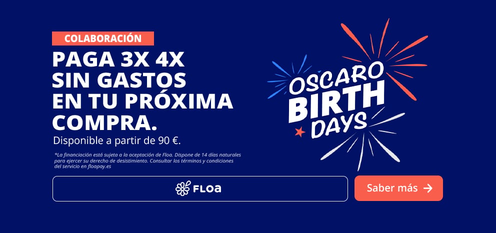 Banner de colaboración con FLOA. Paga tu próxima compra en 3 o 4 cuotas sin intereses para pedidos de entre 100 € y 4.000 €, sujeto a aprobación. Visual «Oscaro Birth Days» con fuegos artificiales gráficos sobre fondo azul. Botón «Más información».
