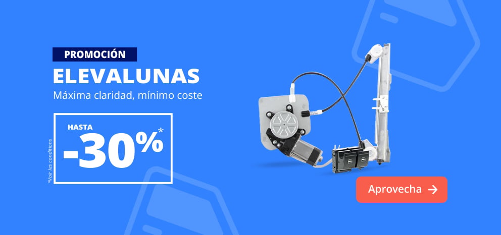 Banner promocional de elevalunas. Oferta de hasta 30% en una selección de mecanismos de elevalunas. Imagen de un mecanismo eléctrico de elevalunas sobre fondo azul. Botón de llamada a la acción «Aprovechar oferta».