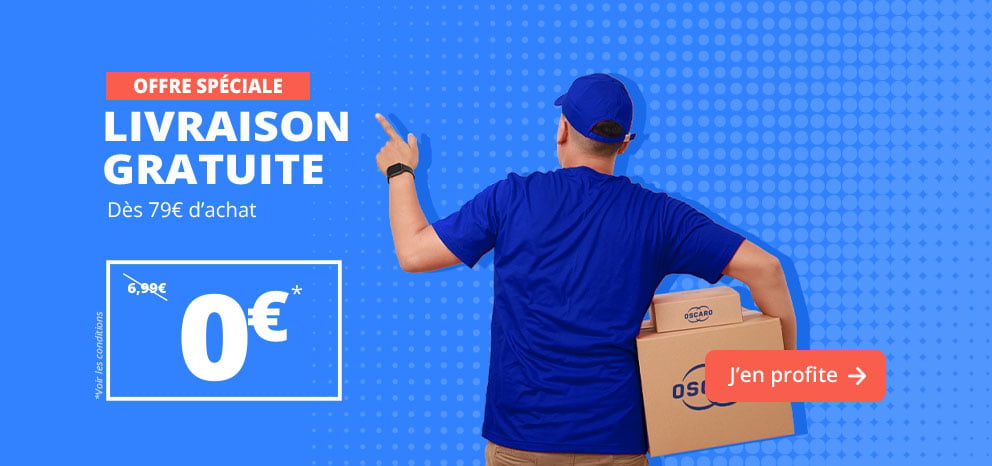 Bannière offre spéciale Livraison gratuite. Livraison offerte dès 79 € d’achat. Visuel montrant un livreur portant un colis sur fond bleu. Offre à 0 € au lieu de 6,99 €. Bouton d’appel à l’action « J’en profite ».