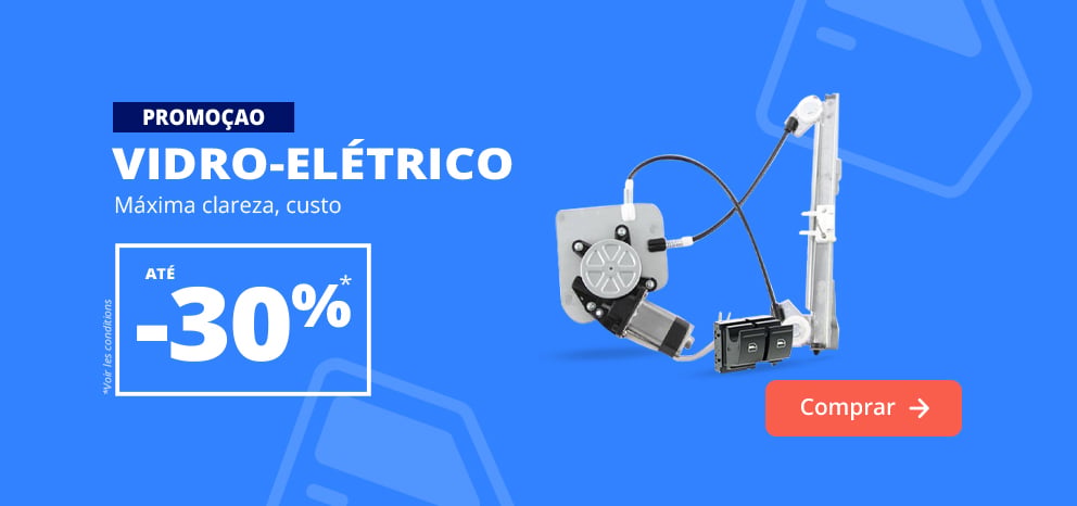 anner promocional de elevadores de vidro. Oferta de de até 30% de desconto numa seleção de mecanismos de elevadores de vidro. Imagem de um mecanismo elétrico de elevador de vidro sobre fundo azul. Botão de chamada para ação «Aproveitar oferta».