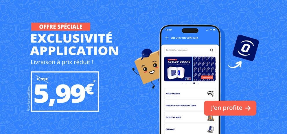 Bannière « Offre spéciale – Exclusivité application ». Livraison à prix réduit à 5,99 € au lieu de 6,99 €. Visuel montrant l’application Oscaro sur smartphone avec un personnage illustré. Bouton d’appel à l’action « J’en profite ».