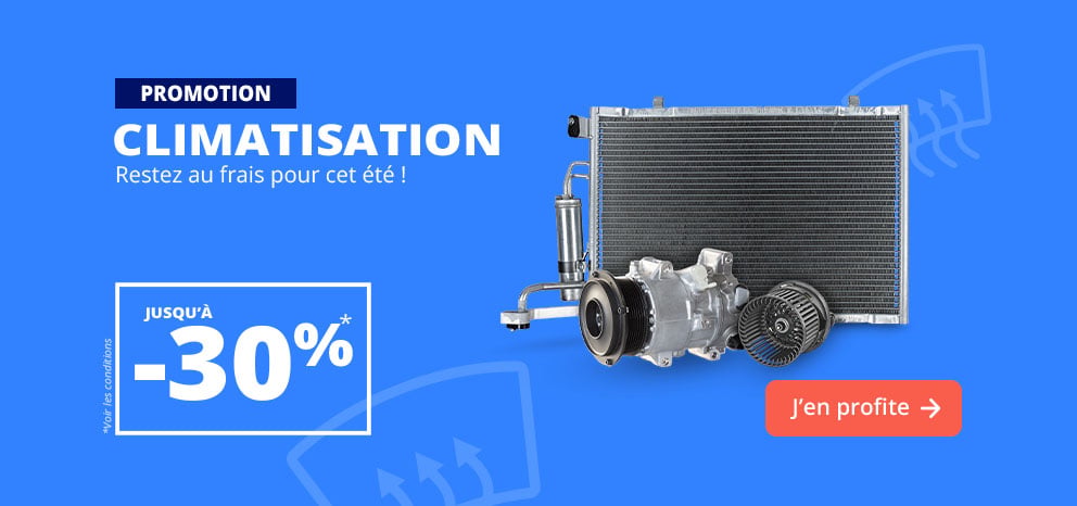 Bannière promotionnelle Climatisation. Offre jusqu’à -30 % sur une sélection de composants de climatisation automobile. Visuel présentant un compresseur, un condenseur et d’autres éléments de climatisation. Bouton d’appel à l’action « J’en profite ».
