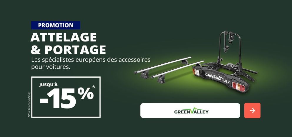 Bannière promotionnelle Green Valley. Offre jusqu’à -15 % sur une sélection de solutions d’attelage et de portage pour véhicules. Visuel présentant un porte-vélos sur attelage et des barres de toit.