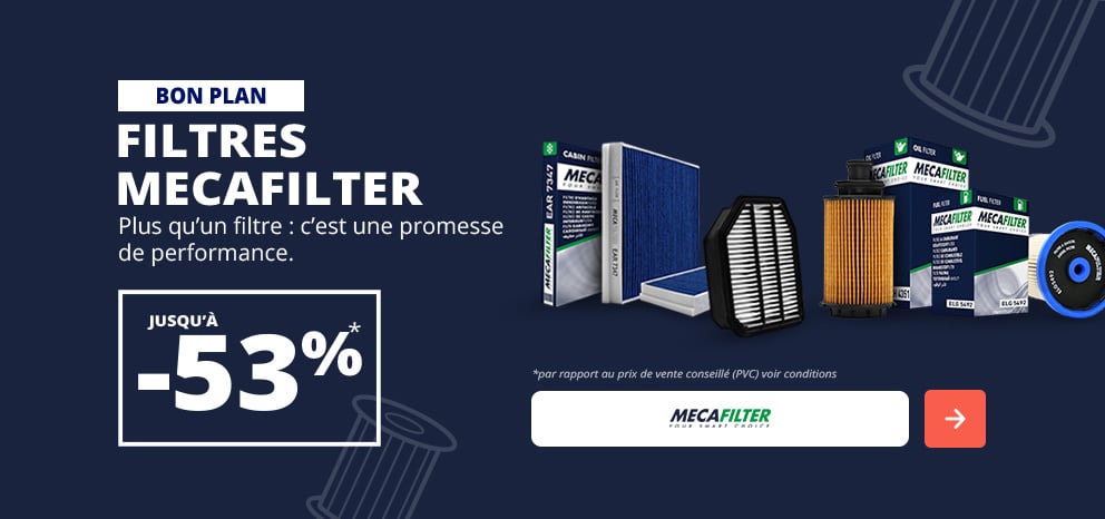 Bannière MECAFILTER. Economie jusqu'à -53% sur une sélection de filtres automobiles. Visuel présentant différents filtres et produits de la marque MECAFILTER sur fond bleu. Bouton d’appel à l’action « J’en profite ».