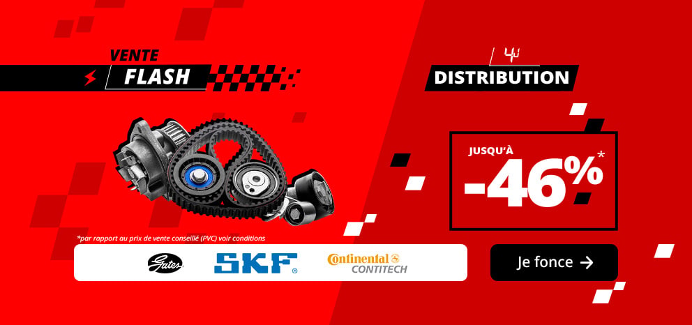 Bannière Vente Flash Distribution. Economie jusqu'à 46% sur une sélection de kits de distribution. Visuel présentant des pièces de distribution des marques Gates, SKF et Continental ContiTech. Valable 4 jours. Bouton « Je fonce ».