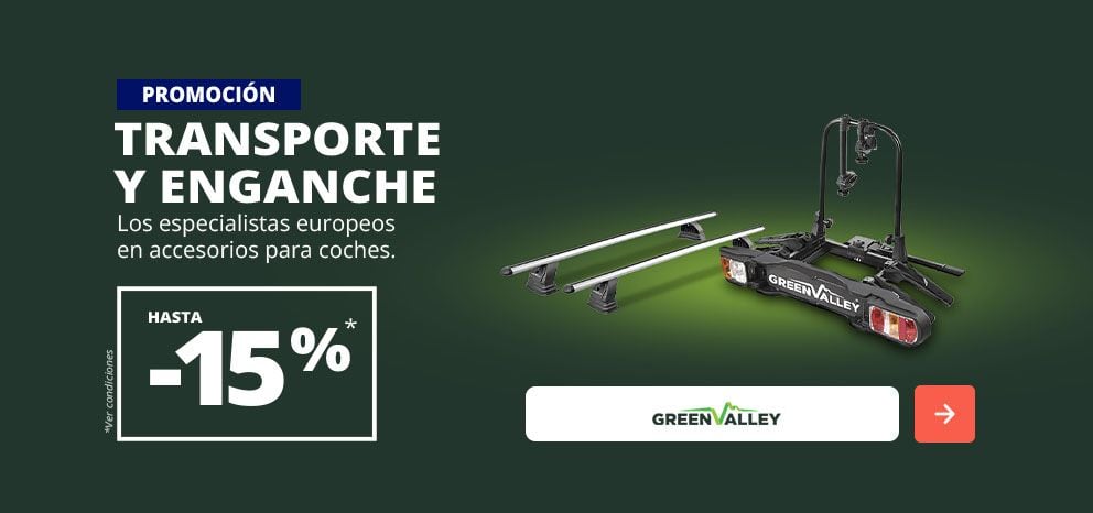 Anuncio promocional de Green Valley. Oferta de hasta un 15 % de descuento en una selección de soluciones de remolque y transporte para vehículos. Imagen con un portabicicletas de enganche y barras de techo. Botón de llamada a la acción.