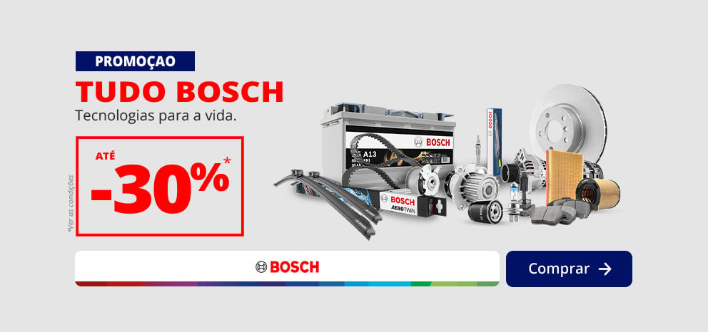Banner promocional da Bosch. Oferta de até 30% de desconto numa seleção de peças e equipamentos automóveis Bosch. Imagem com uma bateria, escovas limpa-para-brisas, travões, filtros e outros componentes. Botão «Aproveitar oferta».