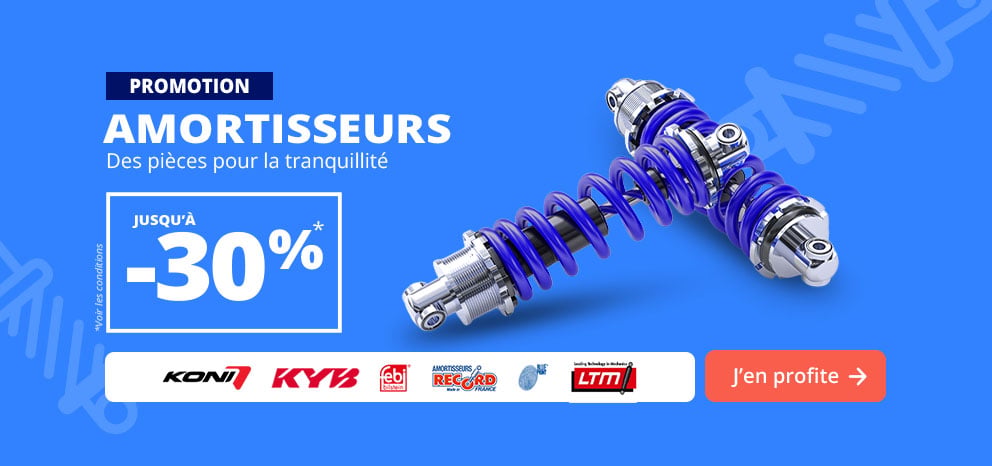 Bannière promotionnelle Amortisseurs. Offre jusqu’à -30 % sur une sélection d’amortisseurs. Visuel présentant un amortisseur avec ressort et les marques KONI, KYB, febi, Record France et LTM. Bouton d’appel à l’action « J’en profite ».