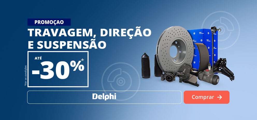 Banner promocional do passatempo Delphi. Oferta de até 30% de desconto em produtos de travagem, suspensão e direção. Imagem com várias peças automóveis Delphi e uma maqueta de um carro Alpine como prémio.