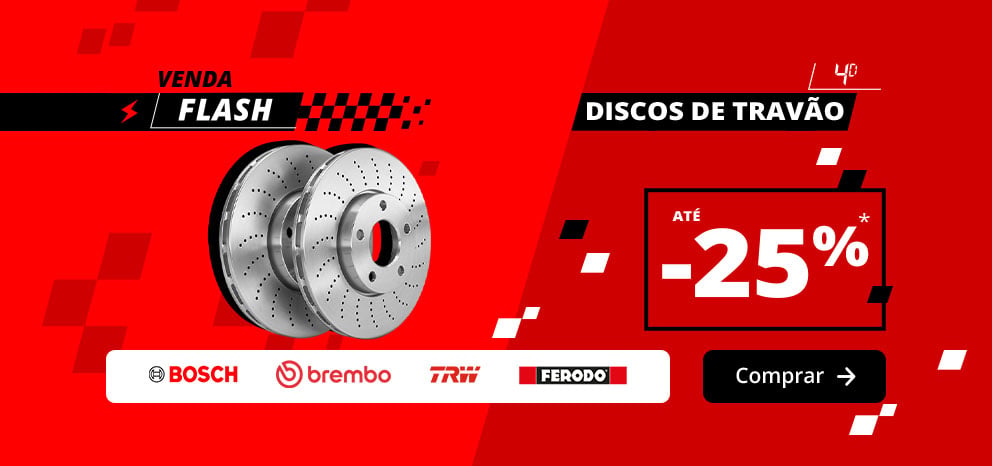 Banner de Promoção Relâmpago de discos de travão. Promoção numa seleção de discos de travão. Imagem com dois discos de travão e as marcas Bosch, Brembo, TRW e Ferodo. Botão de chamada para ação «Aproveitar oferta».