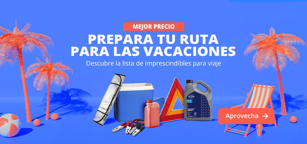 Banner “Mejor precio”: prepara tu ruta para las vacaciones. Lista de imprescindibles para viajar con nevera, triángulo, herramientas y bidón, sobre fondo azul veraniego con palmeras y tumbona. Botón “Aprovecha”.