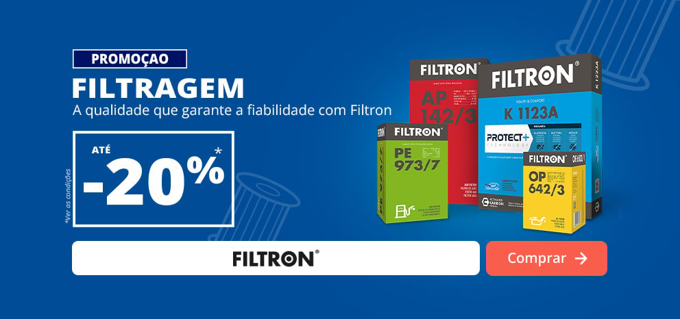 Banner promocional da Filtron. Oferta de desconto numa seleção de filtros automóveis. Imagem com vários filtros da marca Filtron sobre fundo azul. Botão de chamada para ação «Aproveitar oferta».