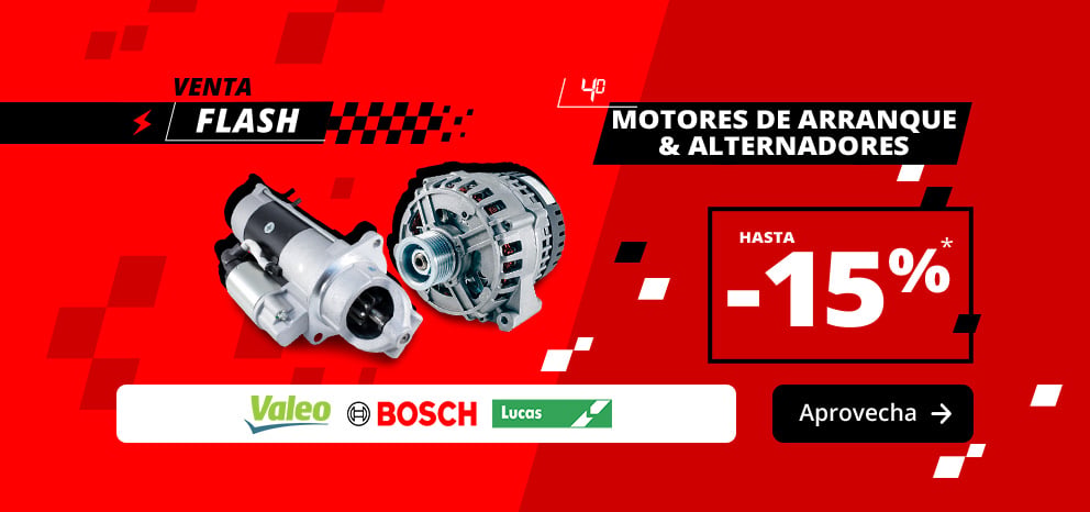 Banner de Venta Flash en alternadores y motores de arranque. Oferta de hasta un 20% en una selección de alternadores y motores de arranque. Imagen con piezas de las marcas Valeo, Bosch y Lucas. Promoción válida durante 4 días.