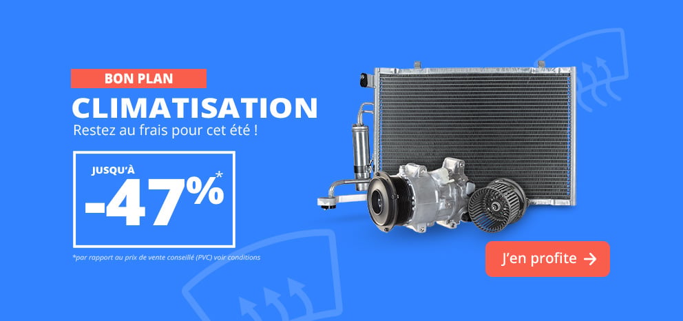 Bannière Climatisation. Offre sur une sélection de composants de climatisation automobile. Visuel présentant un compresseur, un condenseur et d’autres éléments de climatisation. Bouton d’appel à l’action « J’en profite ».