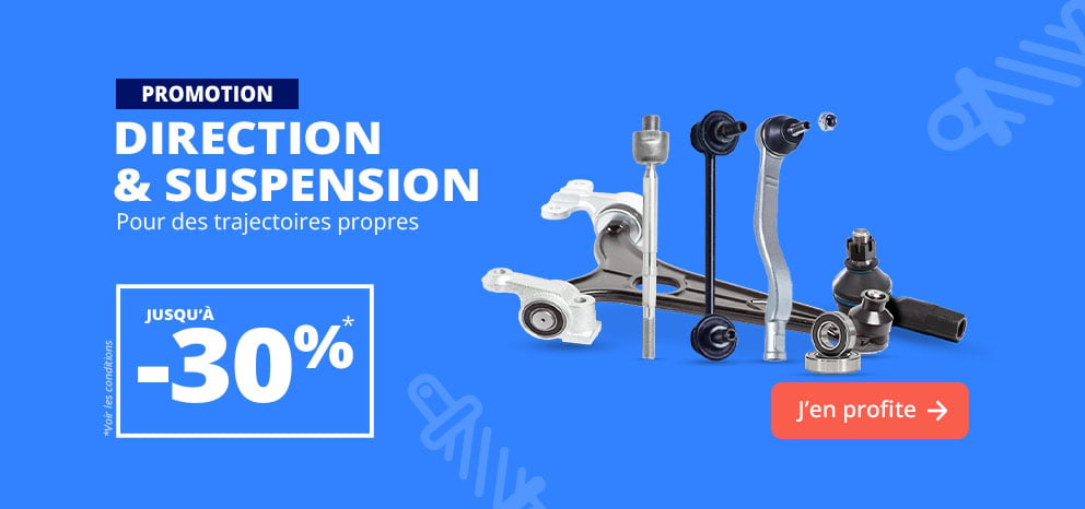 Bannière promotionnelle Direction & Suspension. Offre jusqu’à -30 % sur une sélection de pièces de direction et de suspension. Visuel présentant différents composants de suspension et de direction sur fond bleu. Bouton d’appel à l’action « J’en profite ».
