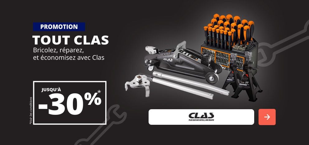 Bannière promotionnelle CLAS. Offre jusqu’à -30 % sur une sélection d’outils et équipements d’atelier. Visuel présentant un coffret d’outils, des chandelles et accessoires mécaniques. Bouton d’appel à l’action « J’en profite ».