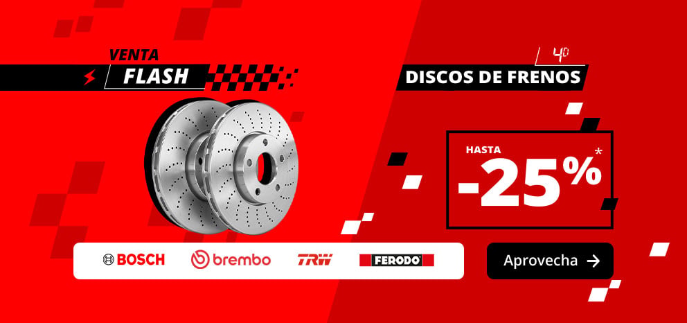 Banner de Venta Flash de discos de freno. Promoción en una selección de discos de freno. Imagen con dos discos de freno y las marcas Bosch, Brembo, TRW y Ferodo. Botón de llamada a la acción «¡Voy a por ello!».