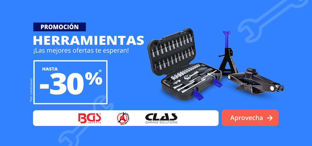 Banner promocional. Oferta de hasta un 30 % de descuento en una selección de herramientas para automóvil. Imagen con un maletín de herramientas, un gato hidráulico, una borriqueta y las marcas BGS Technic, KS Tools y CLAS. Botón «Aprovechar oferta»