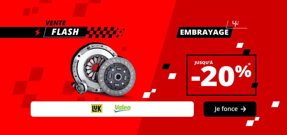 Bannière Vente Flash Embrayage. Offre jusqu’à -20 % sur une sélection de kits d’embrayage. Visuel présentant des composants d’embrayage des marques LuK et Valeo. Promotion valable 4 jours. Bouton d’appel à l’action « Je fonce ».