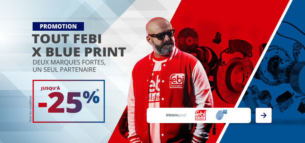 Bannière febi bilstein et Blue Print. Offre sur une sélection de produits. Visuel avec un homme portant une veste rouge febi, pièces automobiles en arrière-plan rouge et bleu, bouton « J’en profite ».