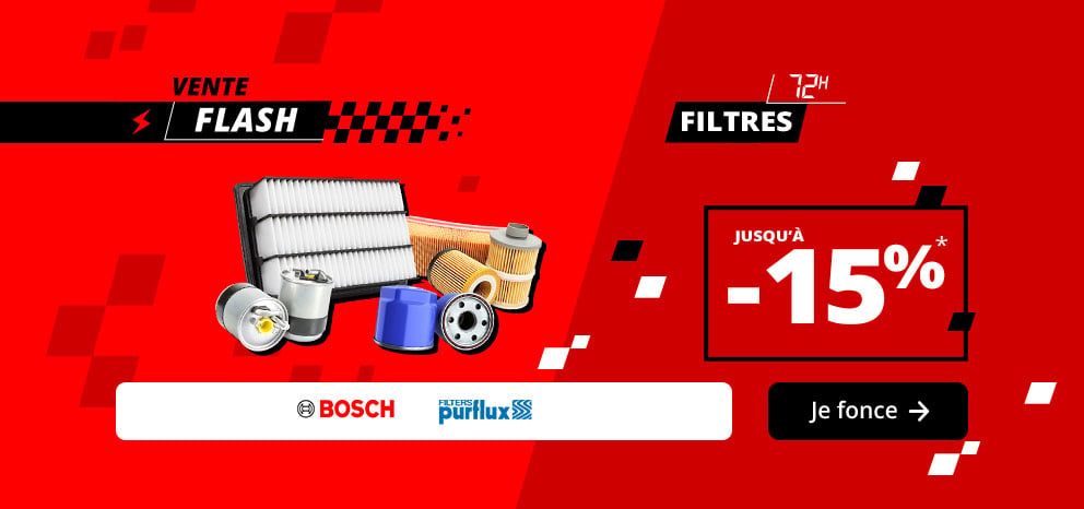 Bannière « Vente Flash » jusqu'à -15% sur les filtres Bosch et Purflux. Visuel présentant différents filtres automobiles. Offre valable pendant 5 jours. Bouton d’appel à l’action « Je fonce »
