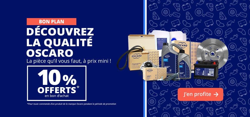 Bannière promotionnelle Oscaro. Offre de 10 % en bon d’achat sur une sélection de produits de la marque. Visuel présentant des pièces automobiles et consommables Oscaro (freins, batterie, huile, filtres). Bouton « J’en profite ».