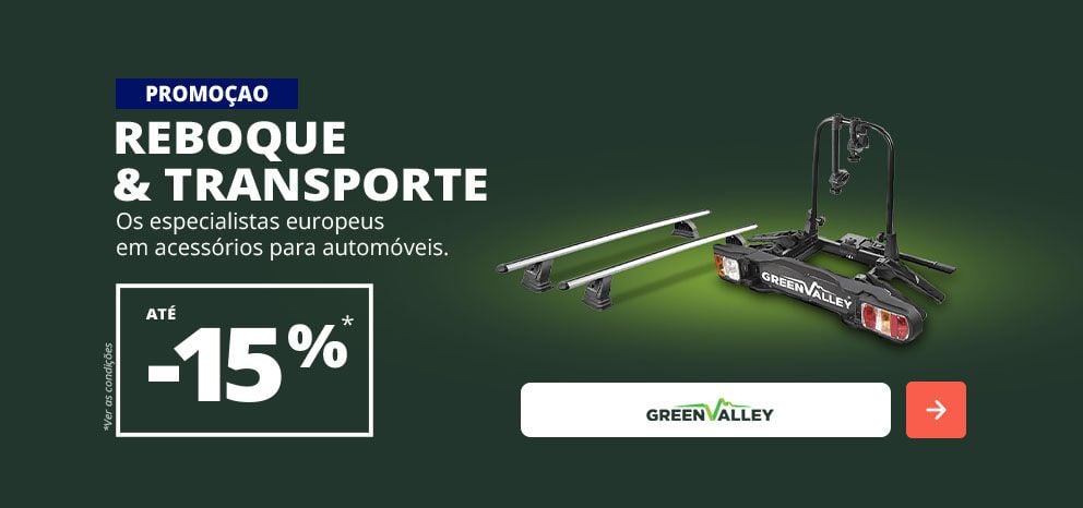 Banner promocional da Green Valley. Oferta de até 15% de desconto numa seleção de soluções de reboque e transporte para veículos. Imagem com um suporte para bicicletas de engate e barras de tejadilho. Botão de chamada para ação.