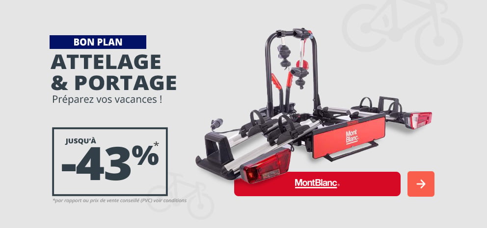 Bannière Mont Blanc. Jusqu'à 43% d'économie réalisée sur une sélection de solutions d’attelage et de portage. Visuel présentant un porte-vélos sur attelage Mont Blanc sur fond gris. Bouton d’appel à l’action.