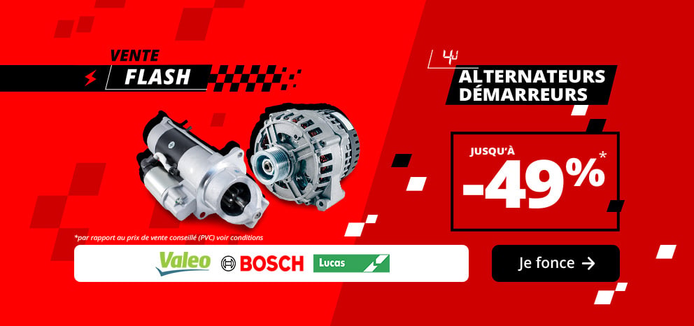 Bannière Vente Flash alternateurs et démarreurs. Offre sur une sélection d’alternateurs et de démarreurs. Visuel présentant des pièces des marques Valeo, Bosch et Lucas. Valable 4 jours. Bouton « Je fonce ».
