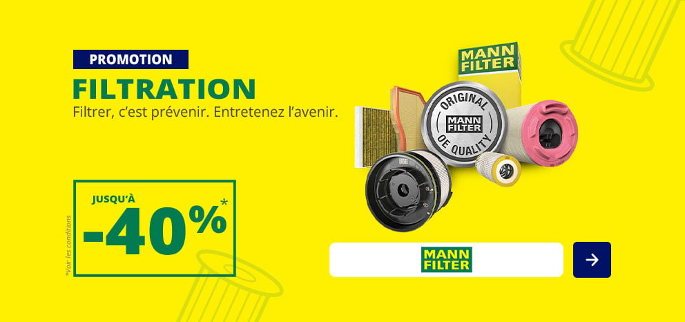 Bannière promotionnelle MANN-FILTER. Offre jusqu’à -40 % sur une sélection de filtres automobiles. Visuel présentant différents filtres de la marque MANN-FILTER sur fond jaune. Bouton d’appel à l’action « J’en profite ».