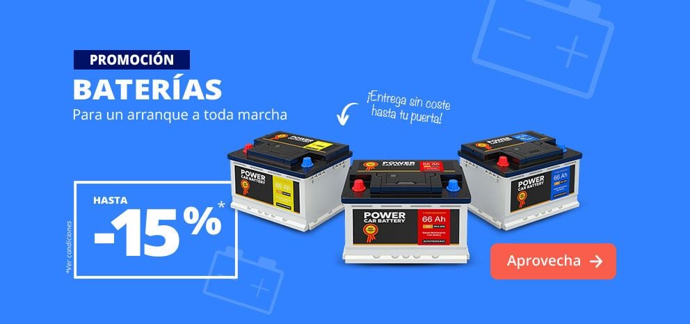 Anuncio promocional de baterías para automóvil. Oferta de hasta un 15 % de descuento para un arranque al instante. Imagen con varias baterías sobre fondo azul. Botón de llamada a la acción «Aprovechar oferta».