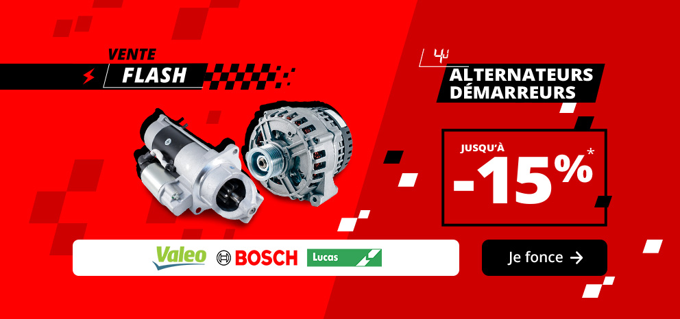 Bannière Vente Flash alternateurs et démarreurs. Offre -15% sur une sélection d’alternateurs et de démarreurs. Visuel présentant des pièces des marques Valeo, Bosch et Lucas. Promotion valable 4 jours. Bouton « Je fonce ».