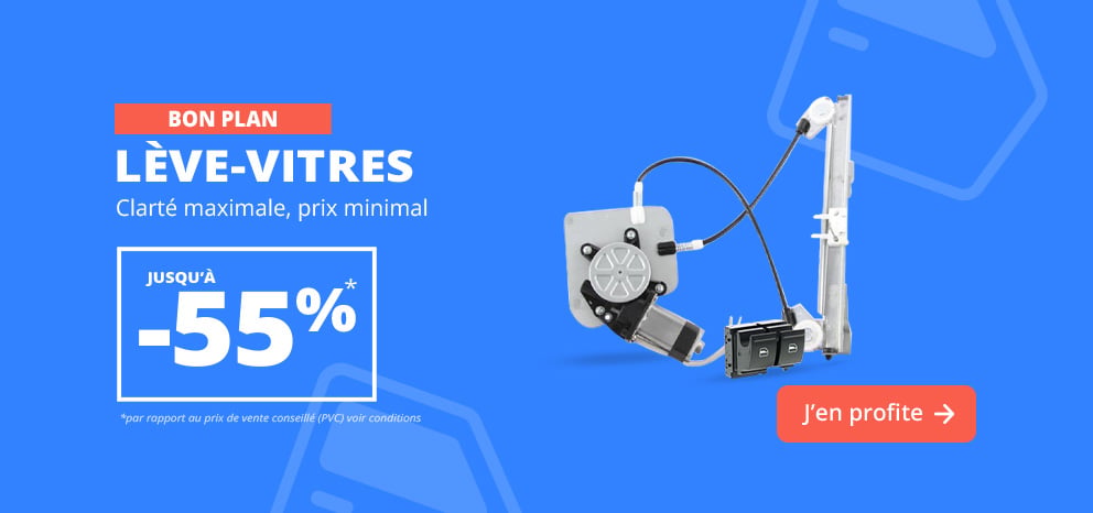 Bannière Lève-vitres. Offre sur une sélection de mécanismes de lève-vitres. Visuel présentant un mécanisme électrique de lève-vitre sur fond bleu. Bouton d’appel à l’action « J’en profite ».