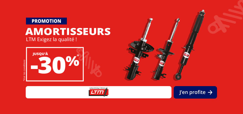 Bannière promotionnelle LTM. Offre jusqu’à -30 % sur les amortisseurs. Bouton d’appel à l’action « J’en profite ».
