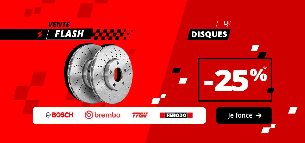 Bannière Vente Flash Disques. Promotion sur une sélection de disques de frein. Visuel présentant deux disques de frein et les marques Bosch, Brembo, TRW et Ferodo. Bouton d’appel à l’action « Je fonce ».