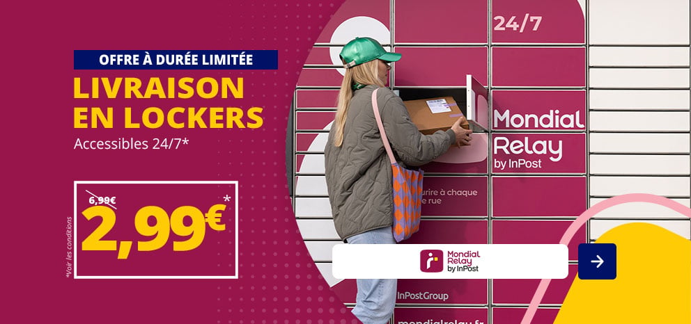 Bannière promotionnelle Mondial Relay by InPost. Offre à durée limitée sur la livraison en lockers à 2,99 €, accessibles 24h/24 et 7j/7. Visuel montrant une personne déposant un colis dans un casier automatique. Bouton « J’en profite ».