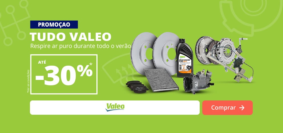 Banner promocional da Valeo. Oferta de até 30% de desconto numa seleção de produtos Valeo. Imagem com discos de travão, um filtro de habitáculo, um compressor de ar condicionado, um kit de embraiagem e outras peças automóveis. Botão «Aproveitar oferta».