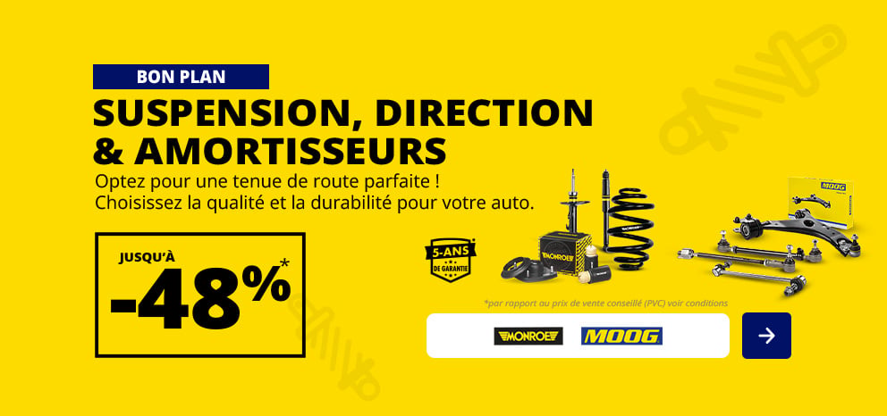 Bannière Monroe et MOOG. Economie jusqu'à 48% sur une sélection de produits de suspension, direction et amortisseurs. Visuel présentant des amortisseurs, ressorts et composants de direction sur fond jaune. Bouton d’appel à l’action.