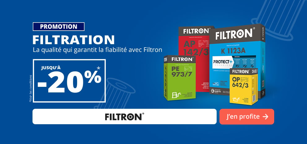 Bannière promotionnelle Filtron. Offre jusqu’à -20 % sur une sélection de filtres automobiles. Visuel présentant plusieurs filtres de la marque Filtron sur fond bleu. Bouton d’appel à l’action « J’en profite ».