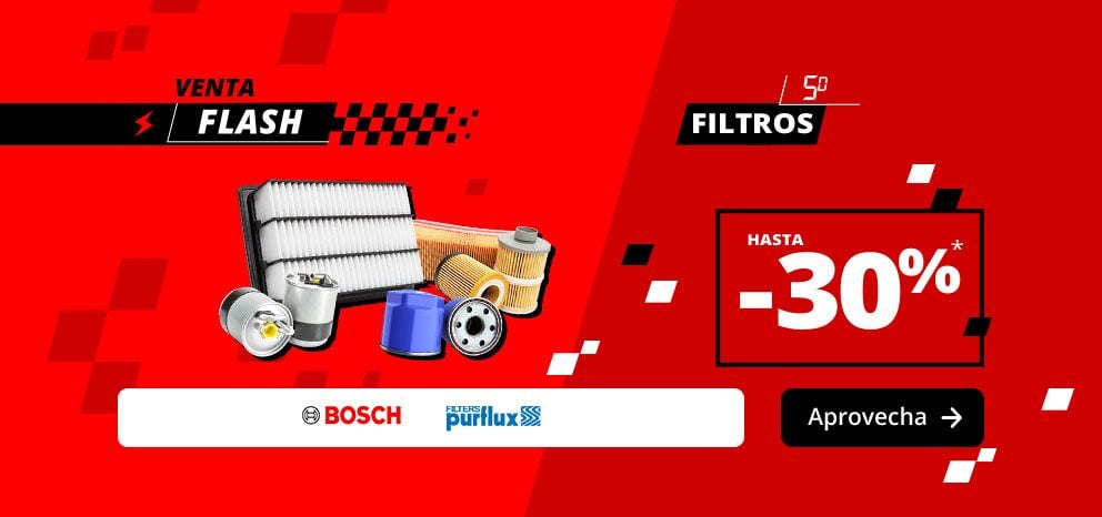 Banner de «Venta Flash» en filtros Bosch y Purflux. Imagen con distintos filtros para automóvil y una oferta de hasta un 30 % de descuento. Promoción válida durante 5 días. Botón de llamada a la acción «¡Voy a por ello!».