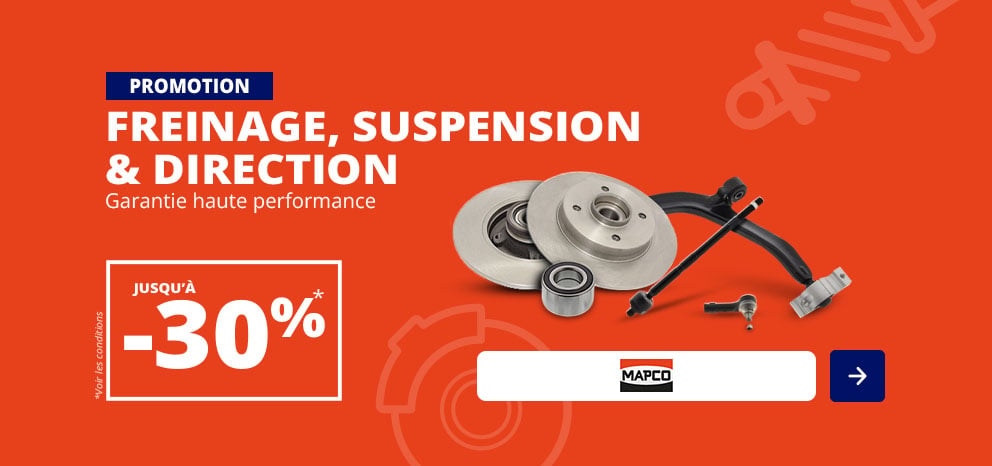 Bannière promotionnelle MAPCO. Offre jusqu’à -30 % sur une sélection de pièces de suspension, direction et freinage. Bouton d’appel à l’action « J’en profite ».