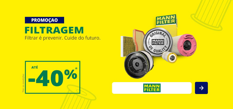 Banner promocional da MANN-FILTER. Oferta de até 40% de desconto numa seleção de filtros automóveis. Imagem com vários filtros da marca MANN-FILTER sobre fundo amarelo. Botão de chamada para ação «Aproveitar oferta».