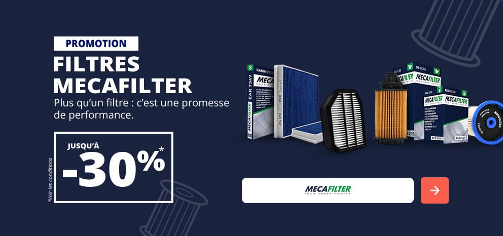 Bannière promotionnelle MECAFILTER. Remise de -30% sur une sélection de filtres automobiles. Visuel présentant différents filtres et produits de la marque MECAFILTER sur fond bleu. Bouton d’appel à l’action « J’en profite ».