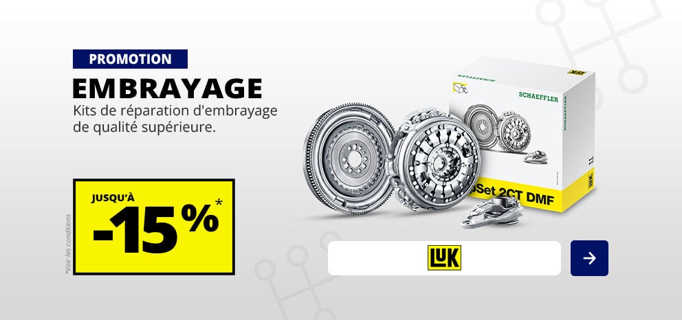 Bannière promotionnelle LUK. Offre jusqu’à -15 % sur une sélection d'embrayage de la marque LUK. Bouton d’appel à l’action « J’en profite ».