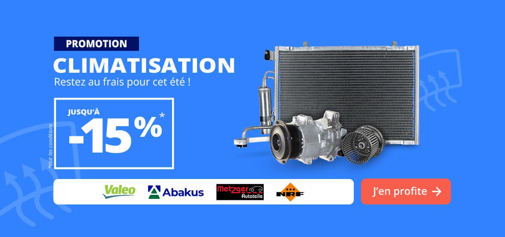 Bannière promotionnelle Climatisation. Offre jusqu’à -15 % sur une sélection de composants de climatisation automobile. Visuel présentant un compresseur, un condenseur et d’autres éléments de climatisation. Bouton d’appel à l’action « J’en profite ».