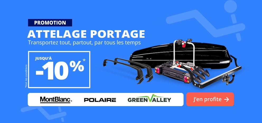 Bannière promotionnelle Attelage portage. Offre jusqu’à -10 % sur une sélection. Bouton d’appel à l’action « J’en profite ».
