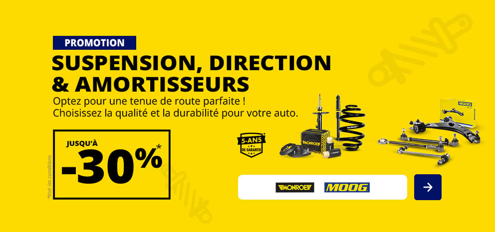 Bannière promotionnelle Monroe et MOOG. Remise jusqu'à -30% sur une sélection de produits de suspension, direction et amortisseurs. Visuel présentant des amortisseurs, ressorts et composants de direction sur fond jaune. Bouton d’appel à l’action.